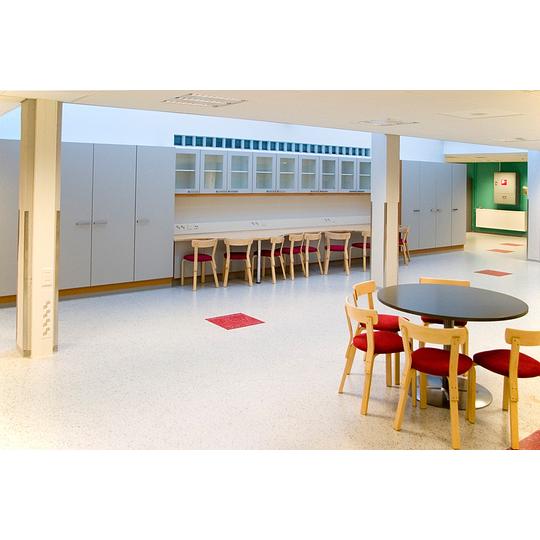 L&auml;nsikadun koulun yhteisk&auml;ytt&ouml;tila, jossa on modernit kaapistot, ty&ouml;p&ouml;yd&auml;t ja punas&auml;vyiset tuolit.