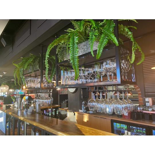 Yksityiskohtia Joen Erikoiskalusteen valmistamasta baaritistist&auml; Joensuun Rossolle. Kattovalaisin, jonka p&auml;&auml;lle on aseteltu viherkasveja.