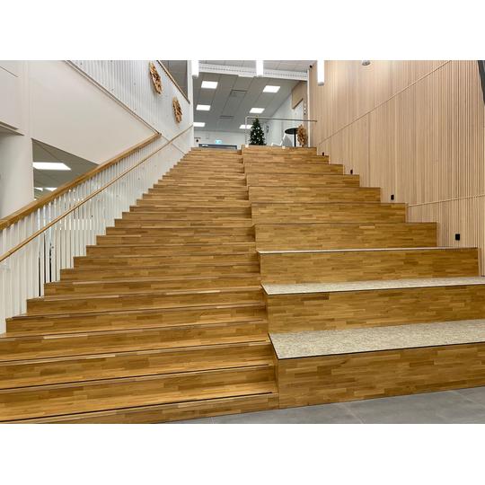 Moderni puuportaikko, joka tarjoaa sek&auml; istumapaikkoja ett&auml; kulkuyhteyden eri kerroksiin.